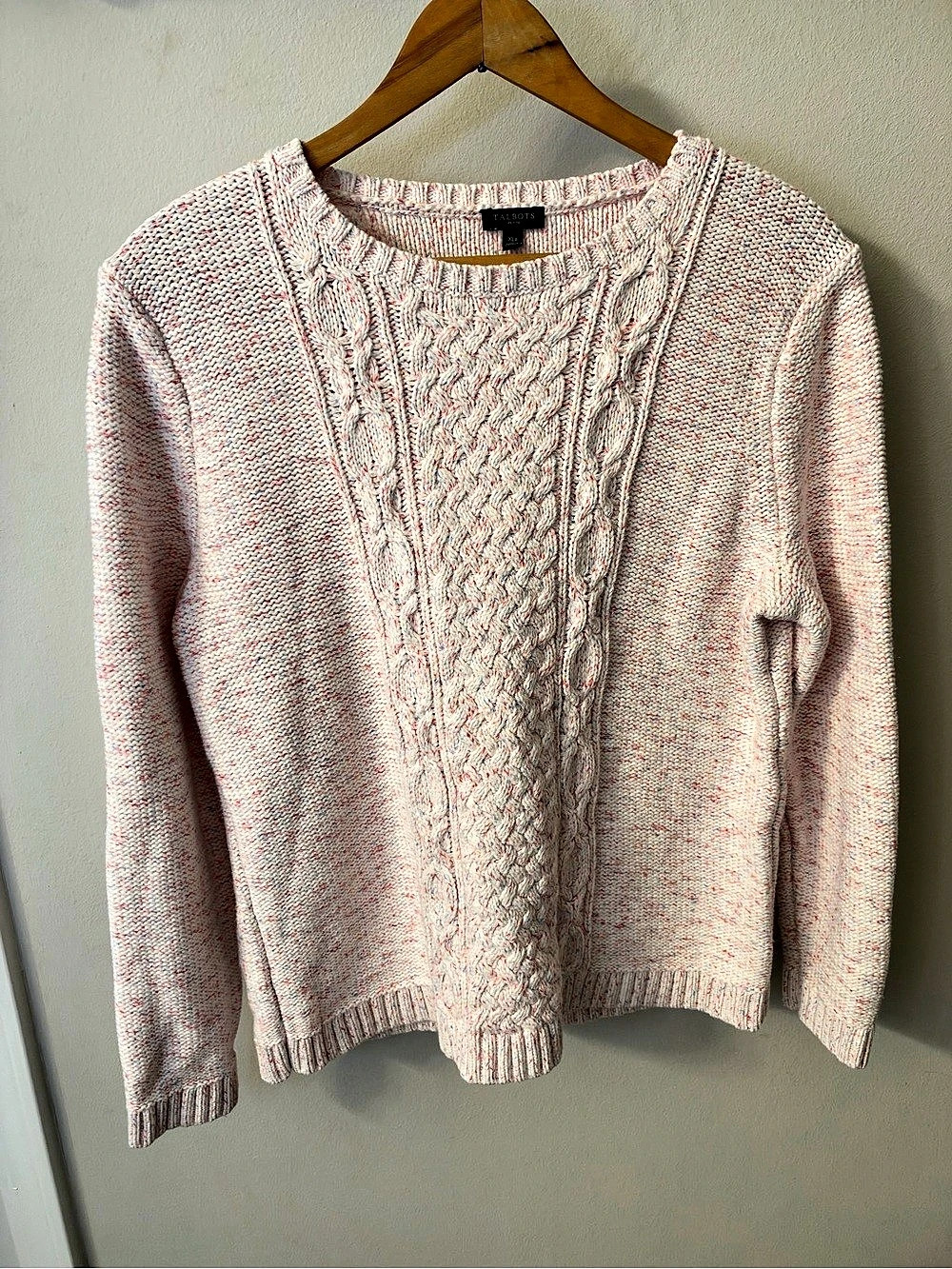 Talbots Cable Knit Cotton Sweater in White & Pink XL